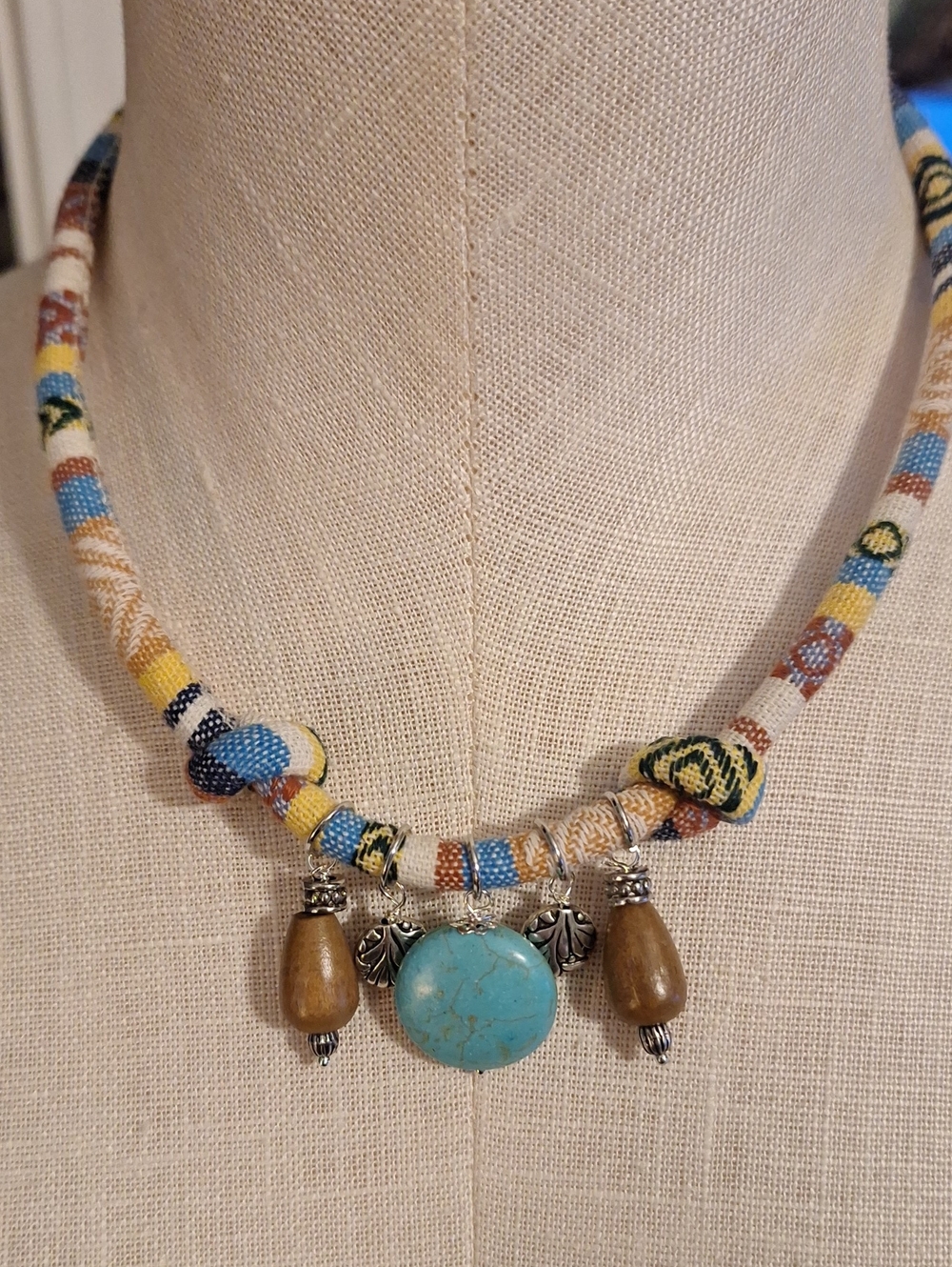 Boho Turquoise Pendant Bead Necklace On Multicolor Fabric Cord - Picture 1 of 7